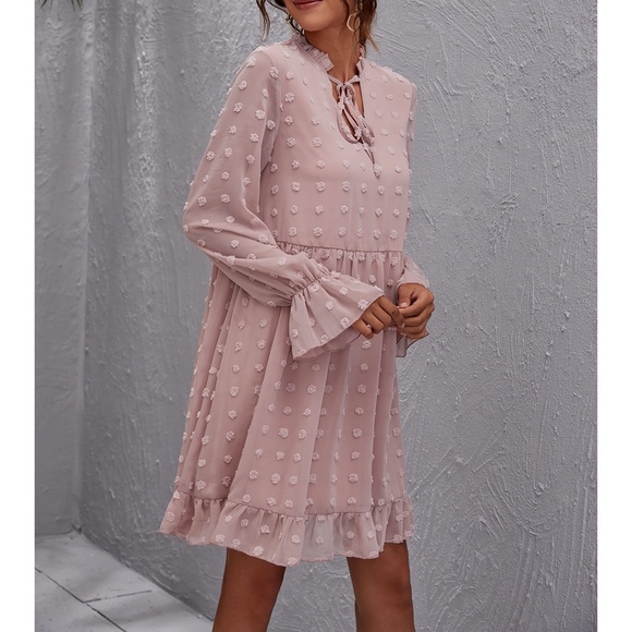 Pink Long Sleeve Swiss Dot Ruffle Loose Dress - Picture 3 of 12
